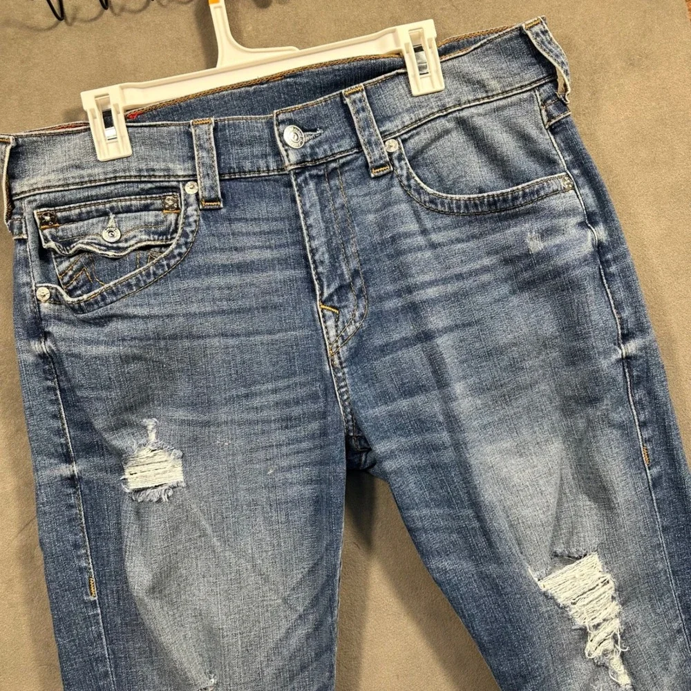 True‎ Religion Jeans Mens 34 Blue Distressed Horseshoe Flap Pocket Excellent